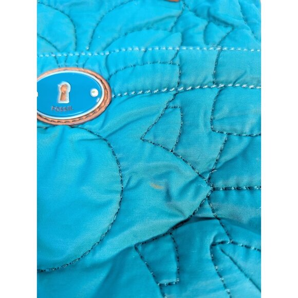 Vintage Fossil Bag Quilted Blue Trimmed In Cow Hide Leather Flaw - Picture 3 of 8